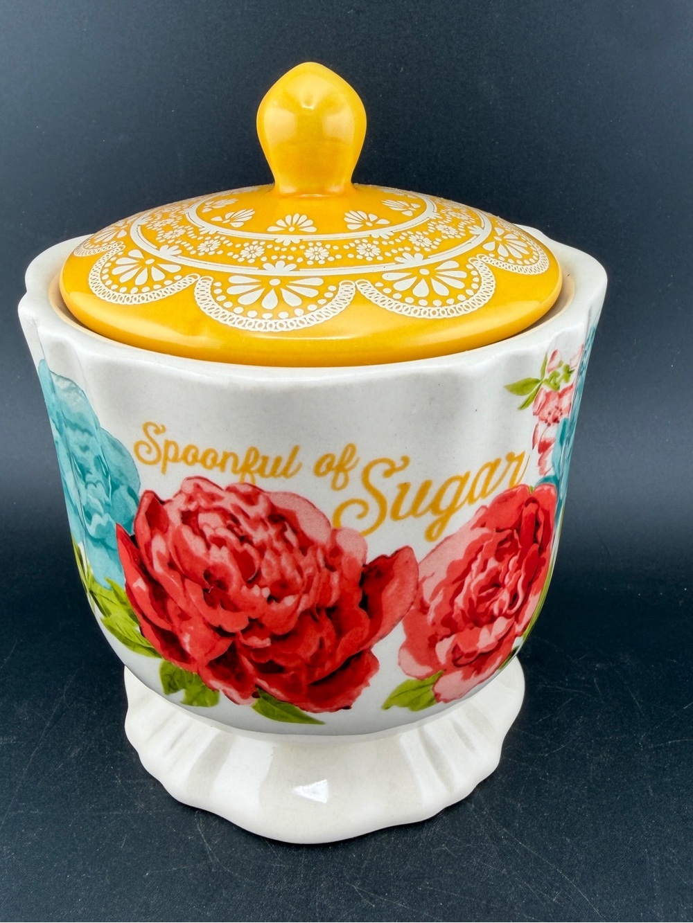 The Pioneer Woman Stoneware Sugar Bowl with Lid Floral Pattern Yellow White